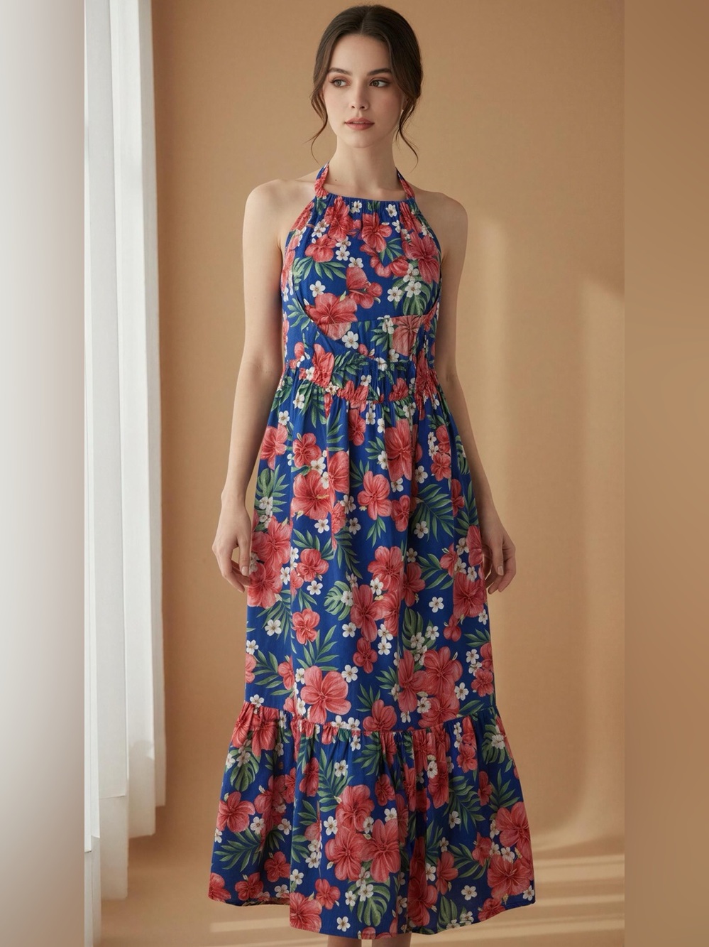 Backless Floral Maxi Dress - Blue with Pink Hibiscus Print